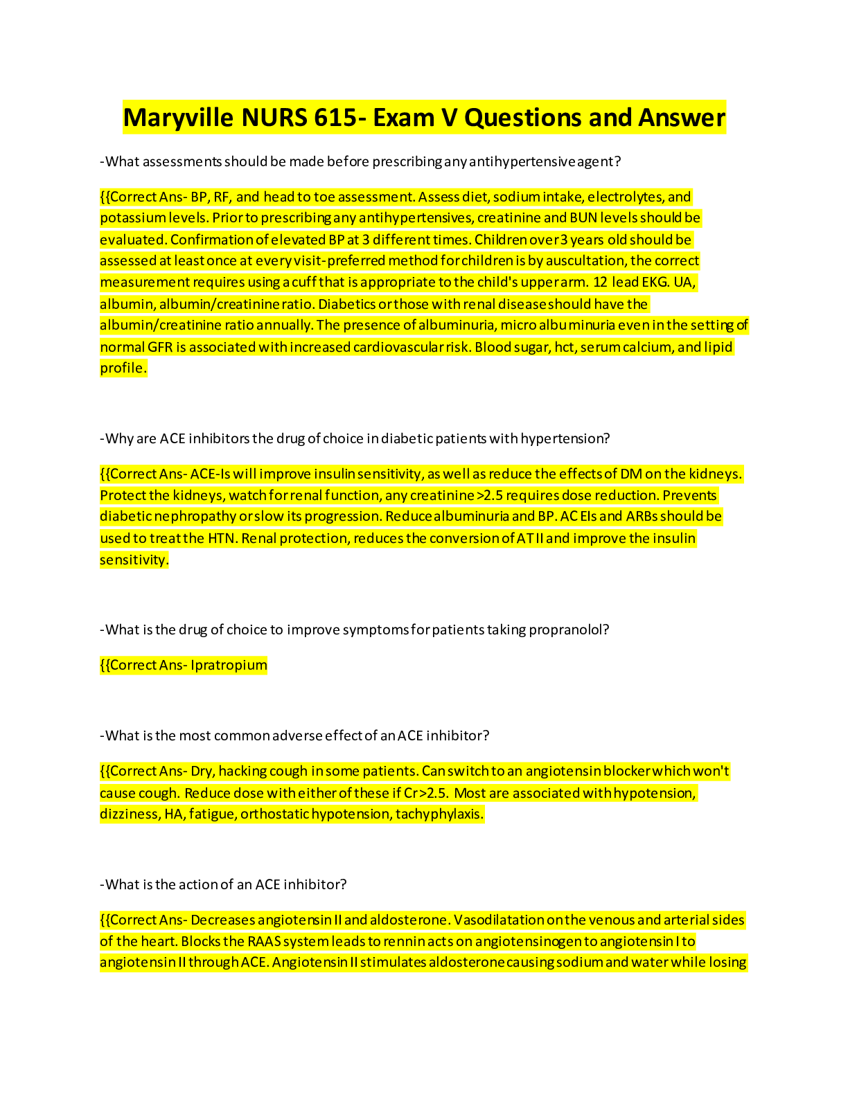 Preview image for (Maryville University) NURS 615- Exam V Questions and Answer with complete Solution